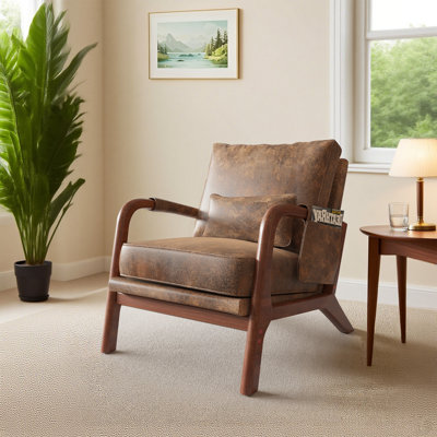 Mid Century Solid Wood Accent Chair Upholstered Armchair with Pillow and  storage Bag
