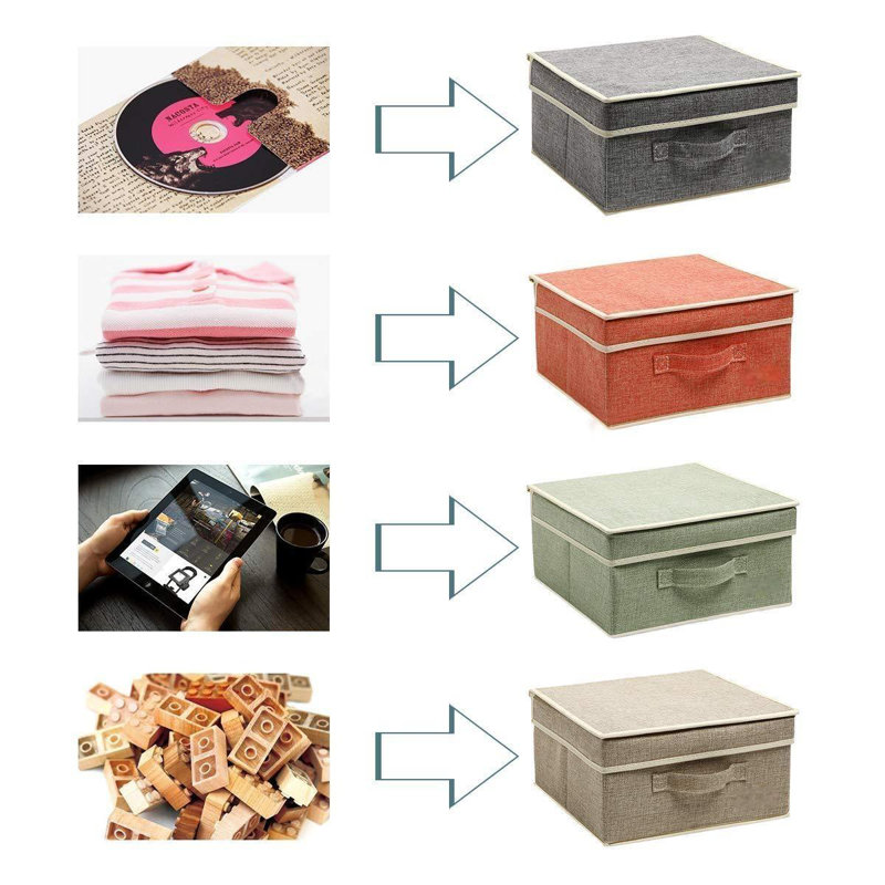 Small 4 Pack Fabric Stroage Box With Lids, Linen Foldable Stroage Box With Lids 4 Color Set 12.4In/12In/6.7In