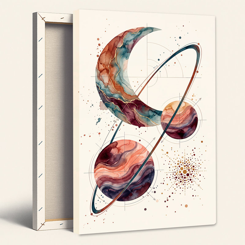 Tableau sur toile aquarelle rouille et turquoise représentant la lune et les planètes avec des étoiles, H 24 po x l 18 po