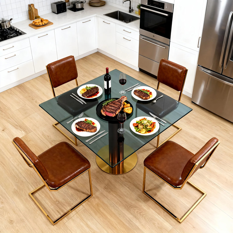 33.5" Modern Small Dining Table with Boomerang Shaped Solid Rubberwood Base, Gray Tempered Glass Top,  Square Styles, Apartment, Kitchen Nook & Café Table for 2-4 People  