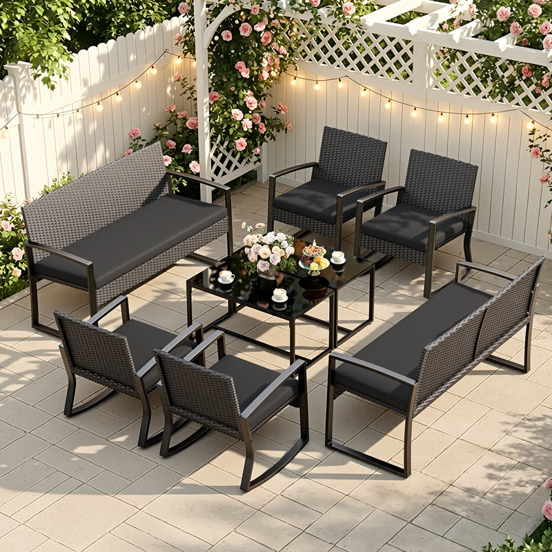Ensemble de conversation de terrasse en osier pour 8 personnes avec coussins, causeuse, chaises berçantes et table basse