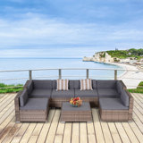 Merton 7-Piece Patio Furniture Set, Outdoor Wicker Conversation Set, All Weather PE Rattan Sectional Sofa Set with Cushions and Faux Wood Table, Stripe Pillows