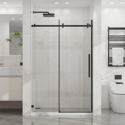 Porte de douche coulissante l 48 po x H 72 po, porte de douche en verre lisse sans cadre, verre transparent trempé de 1/4 po (6 mm) d'épaisseur avec revêtement facile à nettoyer, quincaillerie en acier inoxydable, noir mat