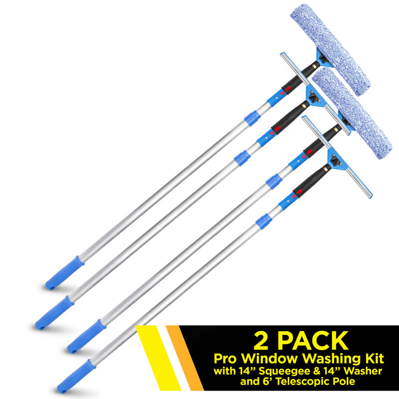 Ensemble de lavage de vitres Pro avec raclette, laveuse et mât télescopique de 6 pi, paquet de 2, L 72 po x l 14 po x P 1 po