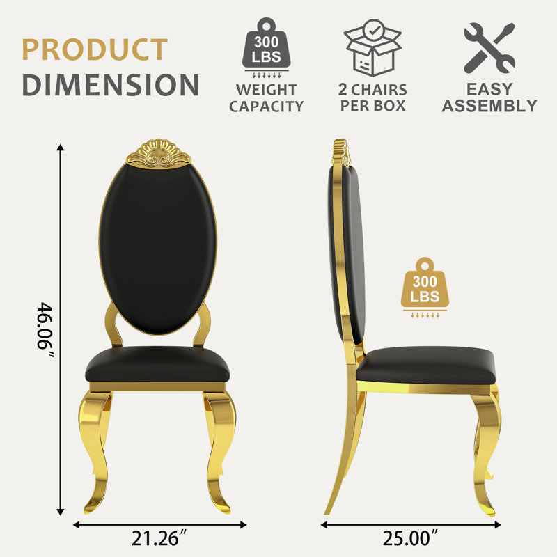 Luxury Dining Chair Set, Oval Carved Backrest, Polished Mirror Stainless Steel Legs, 4, Black/Gold