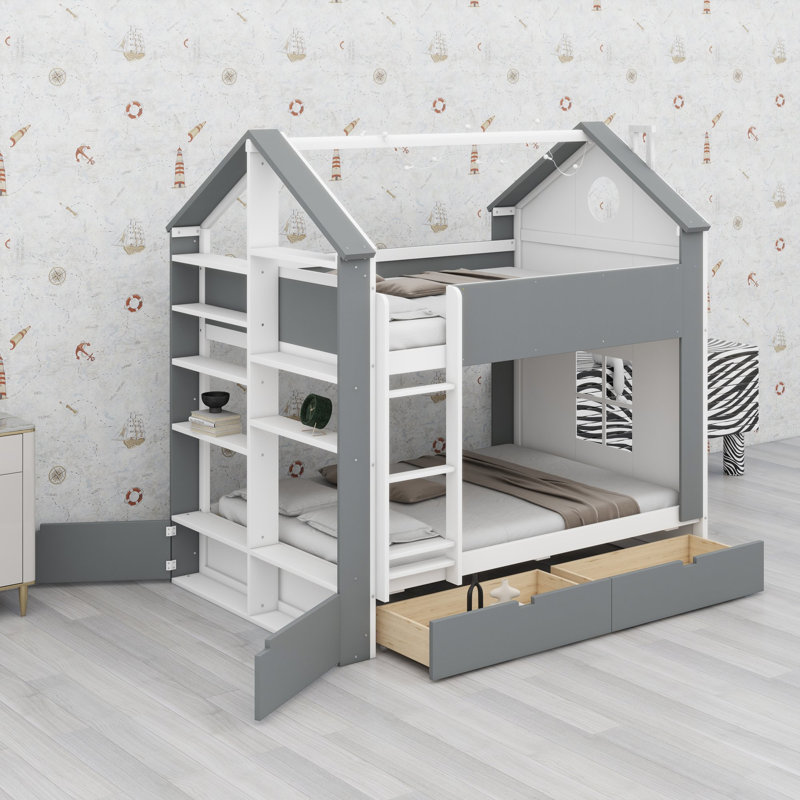 Lit superposé avec tiroirs et étagères, éclairage intégré et conception de maison pour chambres partagées, White+grey