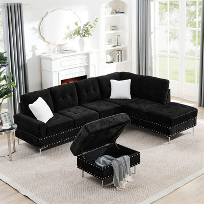 Indoor Sofa, Sectional Sofa With Reversible Chaise, Storage Ottoman, Metal Legs And Decorative Nails, Ideal For Family Gathering And Comfortable Living