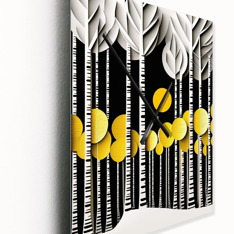 Abstrait plume de forêt jaune, minimalisme III - paysage, arbres, horloges murales, Grand