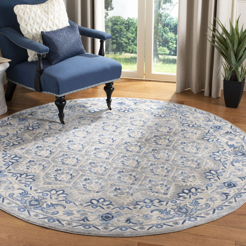 Asucena Light Gray/Blue Area Rug, Round 5'