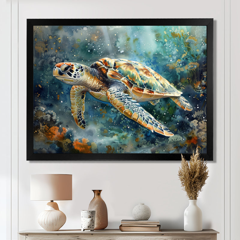 «Sea Turtle Journey II», art mural grand créatures marines, H 24 po x l 32 po x P 1 po, Toile encadrée noire simple