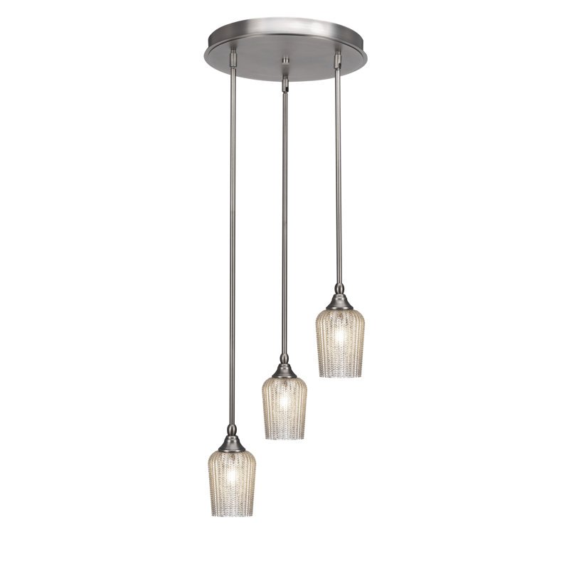 Luminaire suspendu grappe suspendu 3 lumières avec verre texturé argenté 5 po Empire, Nickel brossé