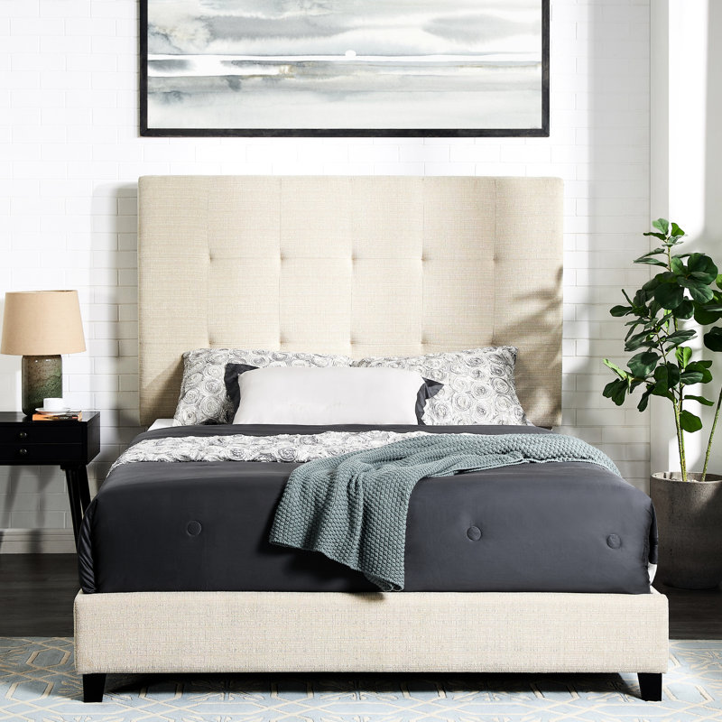 Lit tapissier beige avec 3 lattes de soutien et cadre emboîtable moderne en mousse