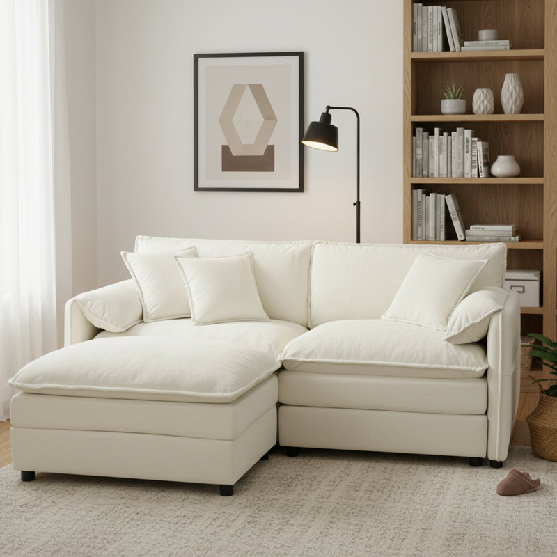 Canapé-lit modulaire en chenille 2 pièces avec méridienne et rangement pour appartements, crème, Cream