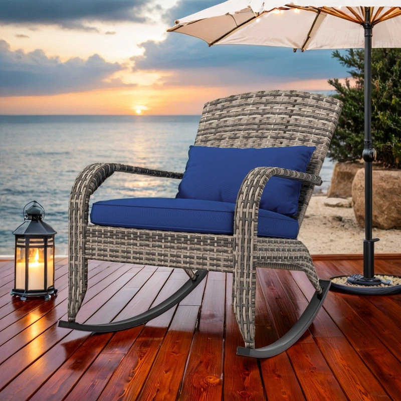 All-Weather Wicker Adirondack Rocking Chair with Cushions, Gray, Blue