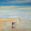 Children at the Beach - Contemporary, impression encadrée bleue