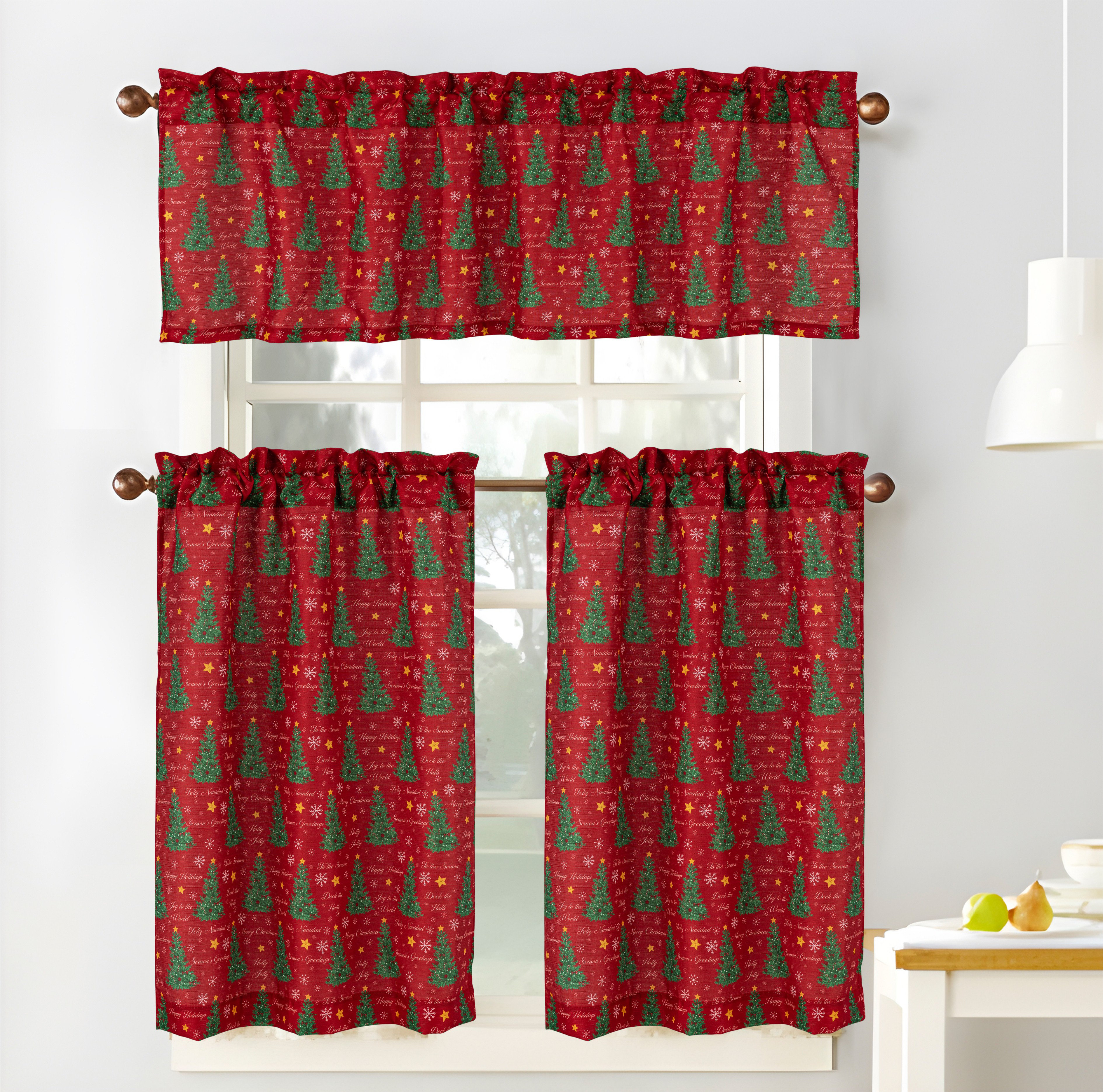 The Holiday Aisle® Christmas Tree Greetings Kitchen Curtain Set | Wayfair