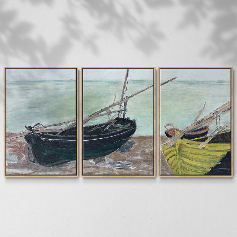 "Bateaux sur la plage", 1885, peinture sur toile 3 pièces, H 40 po x l 78 po, Encadré naturel