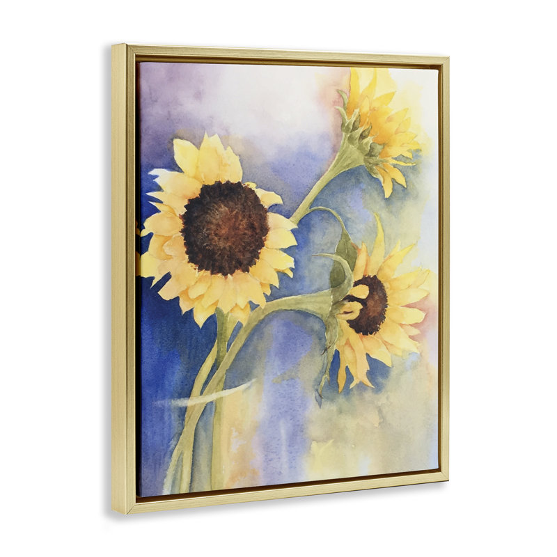 Trio de tournesols dans un vase, cadre par Stephanie Fielden, H 31 po x l 25 po, Cadre flottant métallique doré