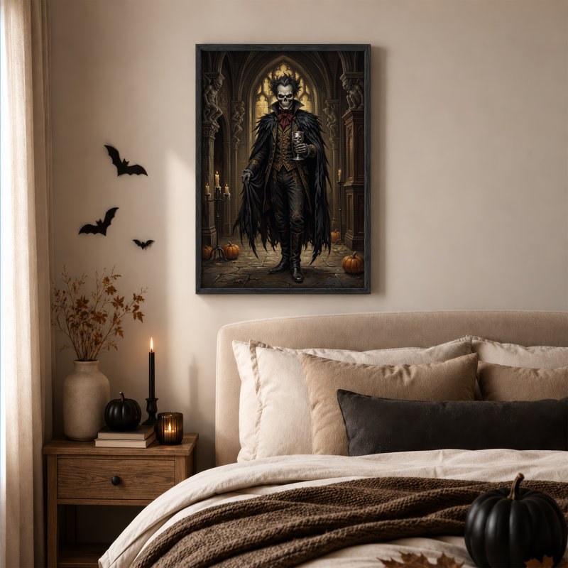 Squelette de vampire gothique avec cape à plumes noires, toile murale d'Halloween, 48"H x 32"W