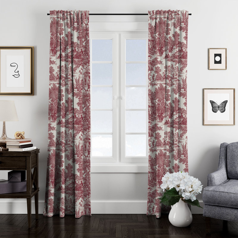 Elysees 100% Cotton Toile Room Darkening Rod Pocket Single Curtain Panel, 50" W x 96" L, Red