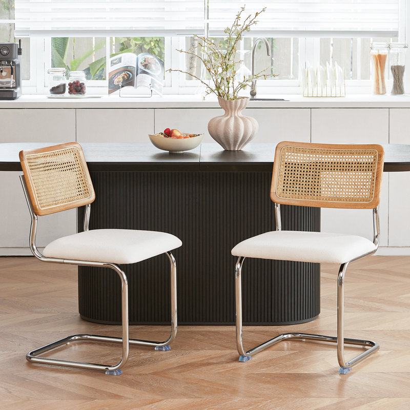 Ensemble de 2 chaises de salle à manger en similicuir brun en rotin, chaises de salle à manger modernes en bois de style Mid-Century, chaise de cuisine canne à dossier en filet, chaises Cesca Design avec pieds chromés en métal