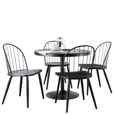 Ensemble 5 pièces de salle à manger en métal noir et bois de style industriel, avec hauteur fixe et base