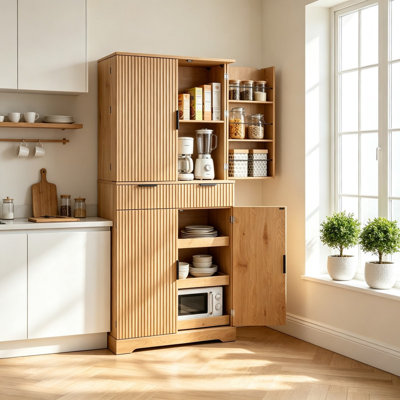 72" Fluted Freestanding Kitchen Pantry Cabinet with 3 Drawers & Adjustable 6 Door Shelves, Oak Storage Cupboard for Kitchen, Dining Room, Office, Entryway & Bathroom