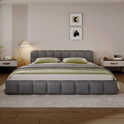 Bed Frame, Elegant In Beige Finish Chenille Upholstered Design With Checkerboard, King, Grey