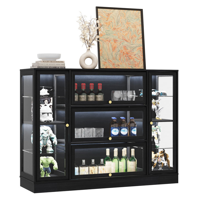56'' W Display Cabinet With Acrylic Glass Doors,LED Lighting For Collectibles, Black