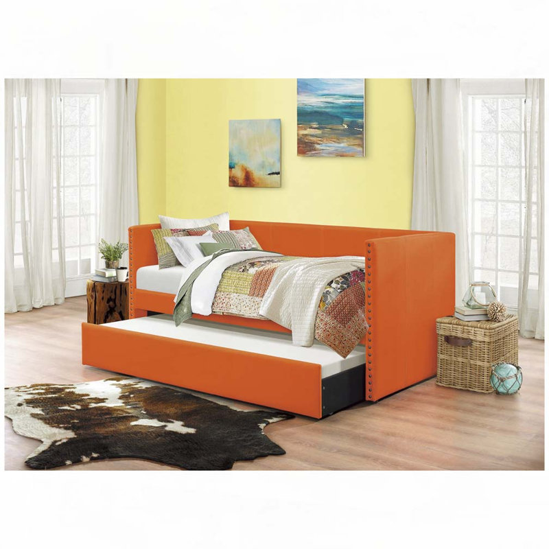 Upholstery Daybed with Pull-out Trundle Nailhead Trim Wood Frame, Orange