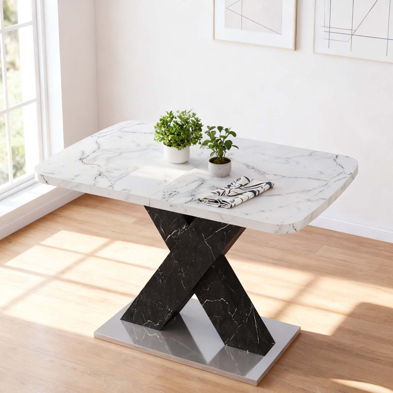 Table de salle à manger rectangulaire moderne avec plateau extensible et pieds en X durables, Blanc, Blanc/Noir