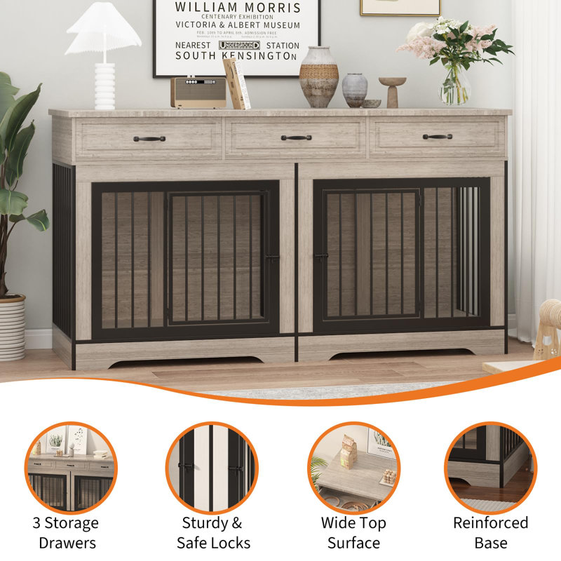 Mobilier de cage pour chien pour 2 chiens, cage double robuste pour chien avec 3 tiroirs, Gris
