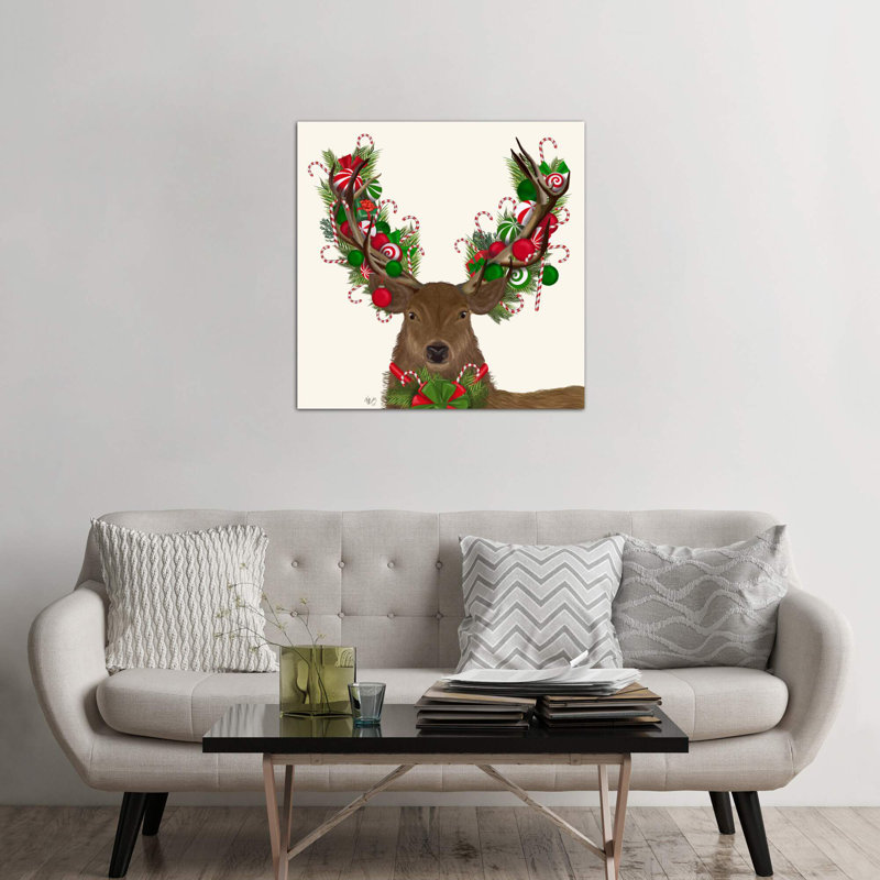 Deer, Candy Cane Wreath by Fab Funky - Painting on Canvas, Wrapped Canvas, 93.98 cm H x 93.98 cm W x 1.91 cm D