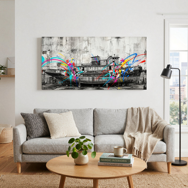 Ensemble de 1 tableau sur toile représentant un bateau graffiti, 32“W x 16”H, Wrapped Canvas