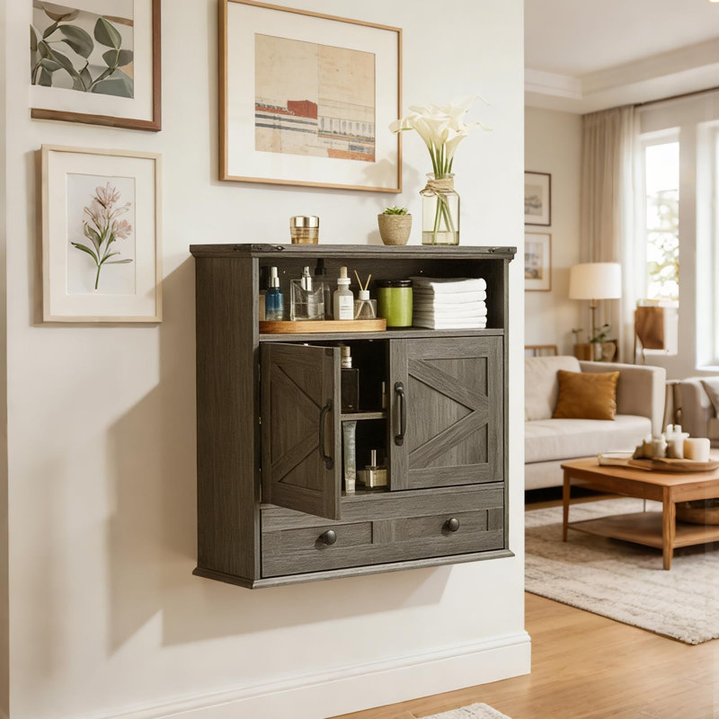 Bathroom Wall Cabinet with 2 Drawers & 2 Doors, 25x23.6x9 Inch Medicine Cabinet with Adjustable Shelf, Gray