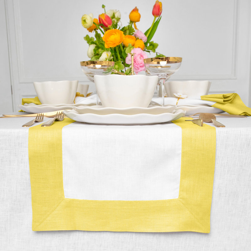 Contempo - 100% Pure Linen Table Runner, 48" x 14", Sunshine Yellow/White