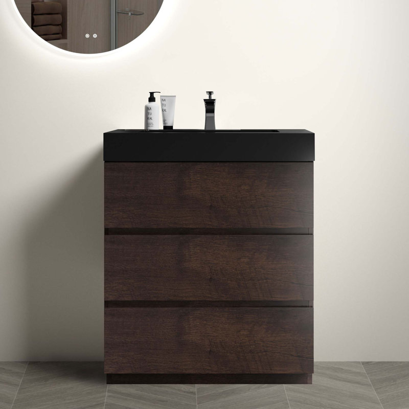 Meuble-lavabo autoportant moderne avec lavabo sans drain et robinet, Brun, Noir, noir, noir, noir
