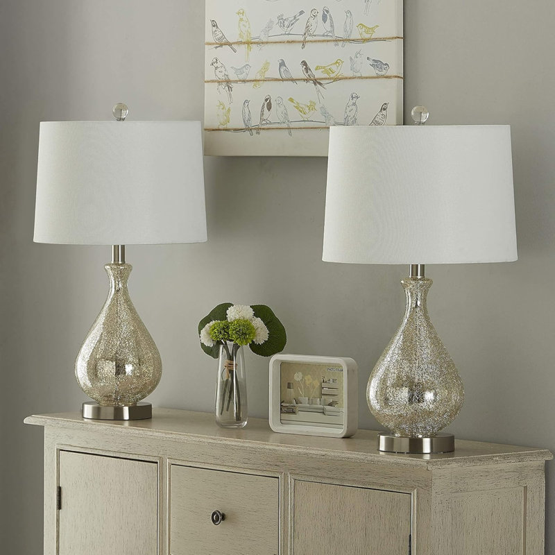 Ensemble de 2 lampes de table en verre transparent transparent 23 po avec base en nickel poli et abat-jour en lin blanc pour table basse