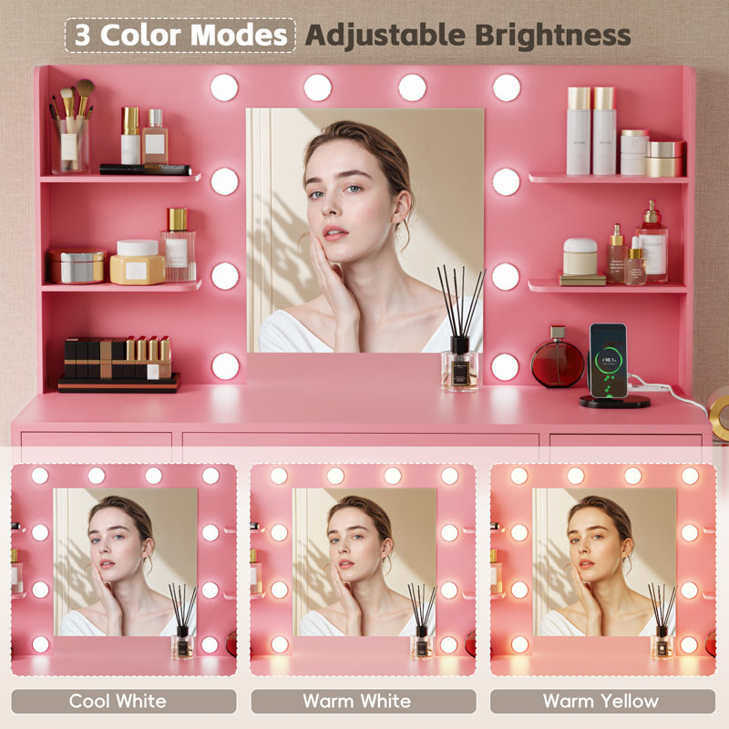 Ragin Makeup Vanity With Usb Power Outlet And 3 Modes Adjustable Brightness Light, Light Pink