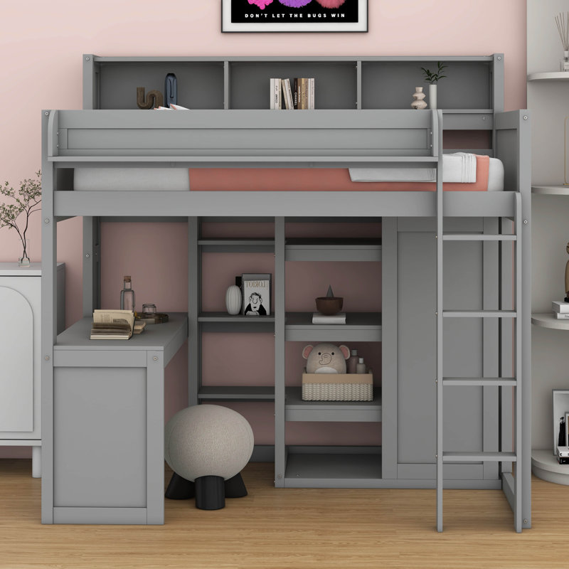 Twin Loft Bed With Storage Shelves And Under-Bed Desk, Wooden Bed Frames With Wardrobe And 3 Cabinets, Gray