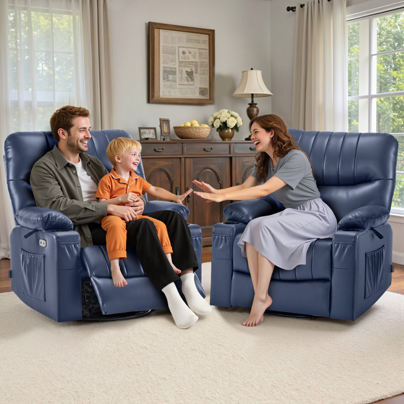 Power Recliner, Electric Swivel Glider Rocker Recliner with USB Ports, Navy Blue Faux Leather