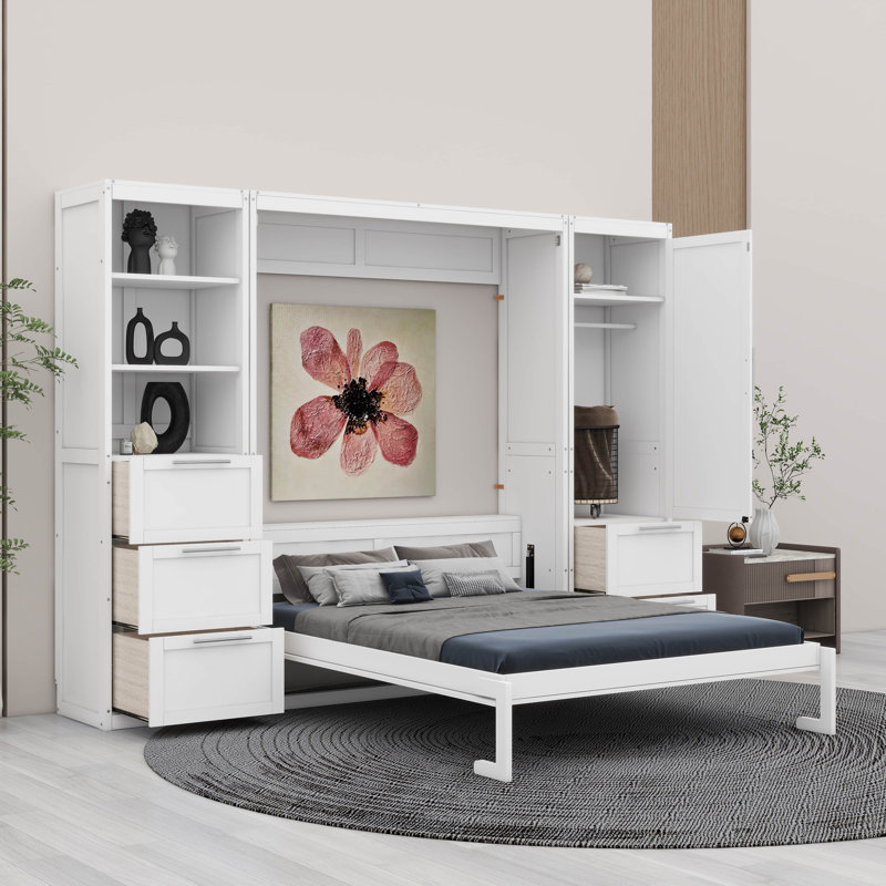 Lit escamotable peu encombrant avec placard intégré, tiroirs et tablettes, Blanc