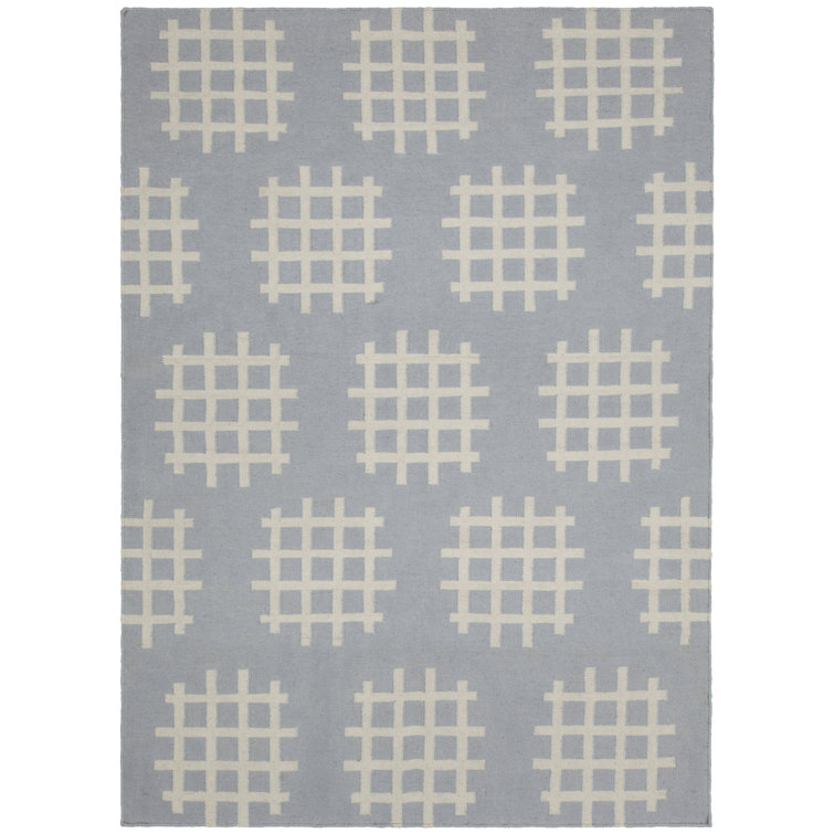 Chevella Flatweave Hand-Woven White Criss-Cross Design Gray Abstract Wool/Cotton Blend Dhurrie Rug
