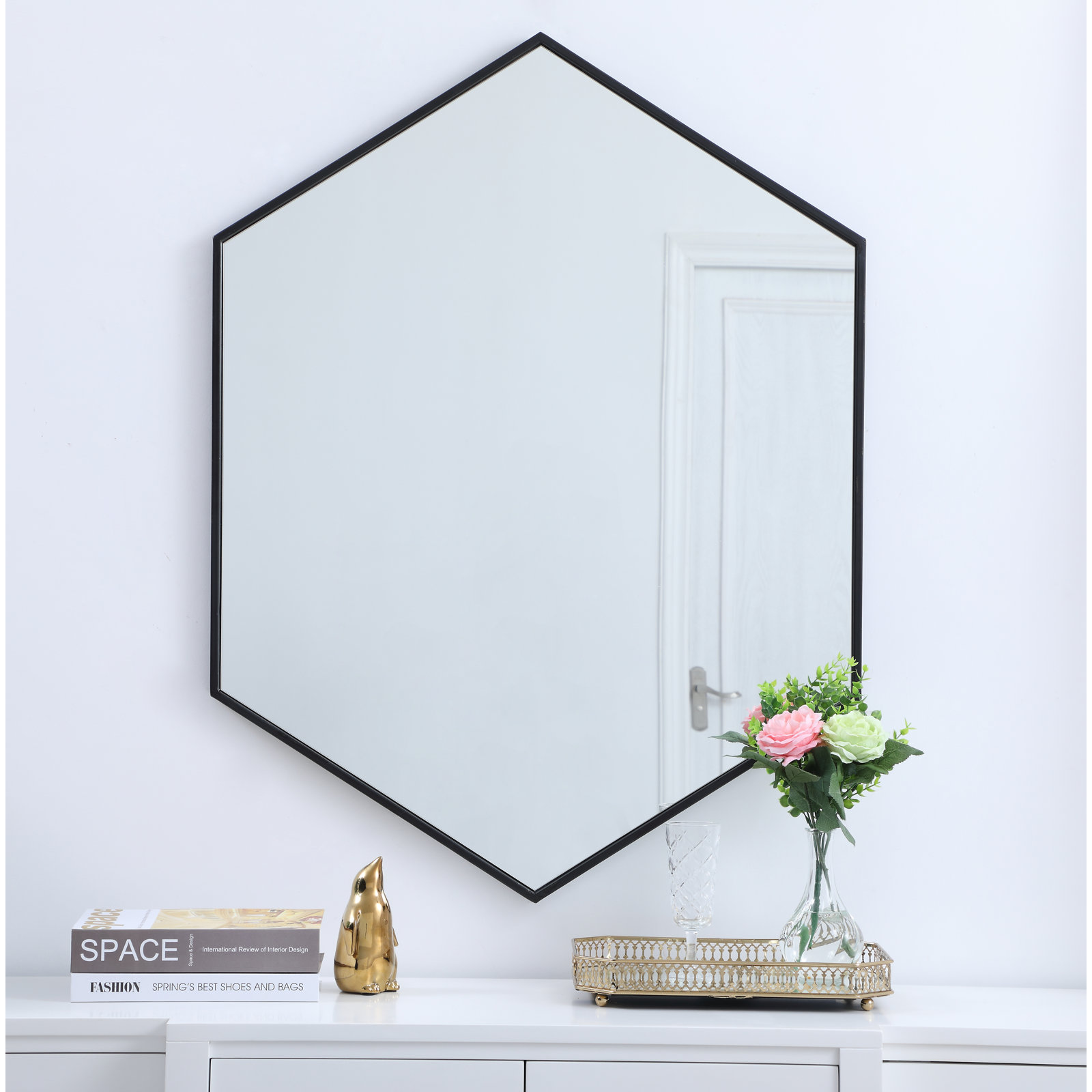 Sabine Metal Hexagon Wall Mirror, 35" x 41", Black