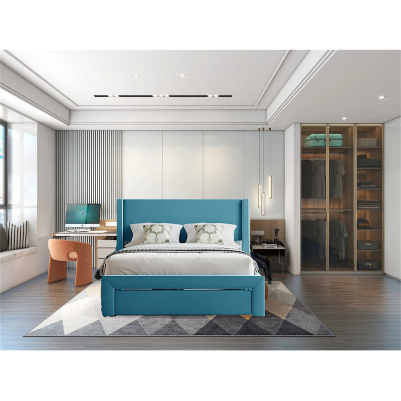 Lit plateforme tapissier avec rangement Ixchell, Double, Bleu