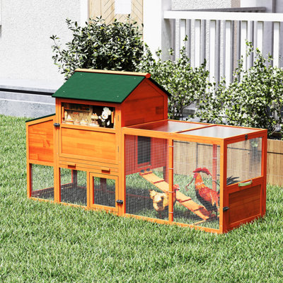 Portable Mobile Chicken Coop with Nesting Box, Sleeping Room, Run, Window, Sun Board, Doors, Pull-Out Tray, Wheels, Outdoor Backyard Pen for Small Animals, Orange with Colorful Patterns