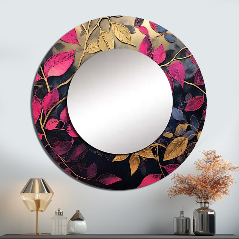 Robley or et breloque feuille rose en hiver - miroir décoratif feuilles, miroir mural rond doré, impression d'art en métal