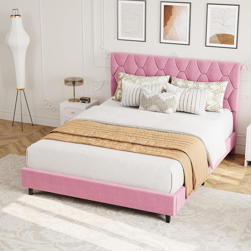 Queen Platform Bed Frame with Upholstered Headboard Wood Slats No Box Spring Needed Sturdy Metal and Wood Support Easy Assembly Pink
