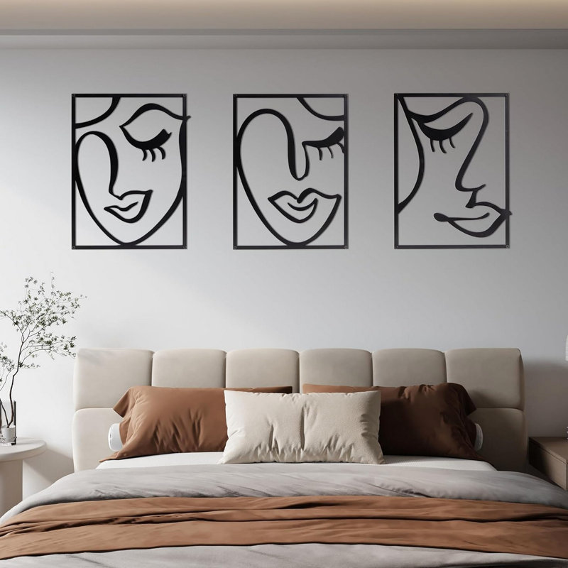 Three Piece Wall Decor , Black Metal Rectangular Frame, Female Face Abstract Design, Cut Hollow Out, For Home Beautification Art, Line Drawing Pattern, 3D Out Cut, Easy To Hang On Decorative Style