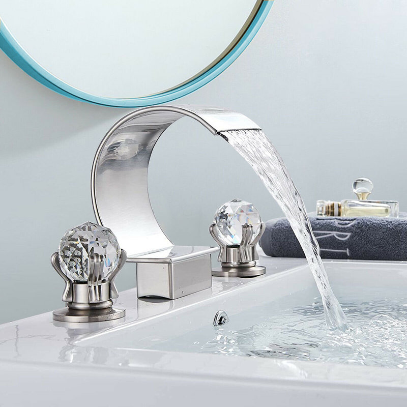 Brushed Nickel Crystal Handles Bathroom Basin Sink Faucet Vanity Widespread Tap Deck Mounted